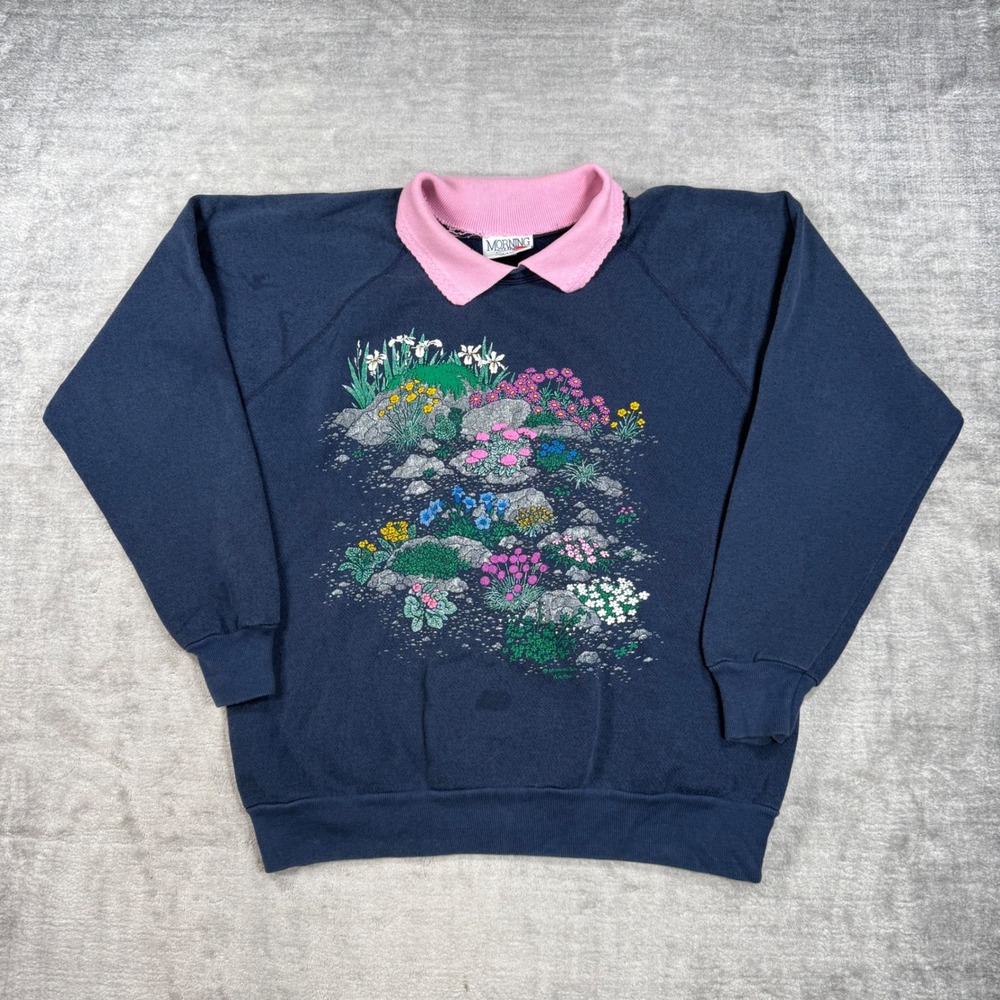 Morning Sun Sweatshirt Womens Large Blue Floral Collared Vintage Garden Grandma